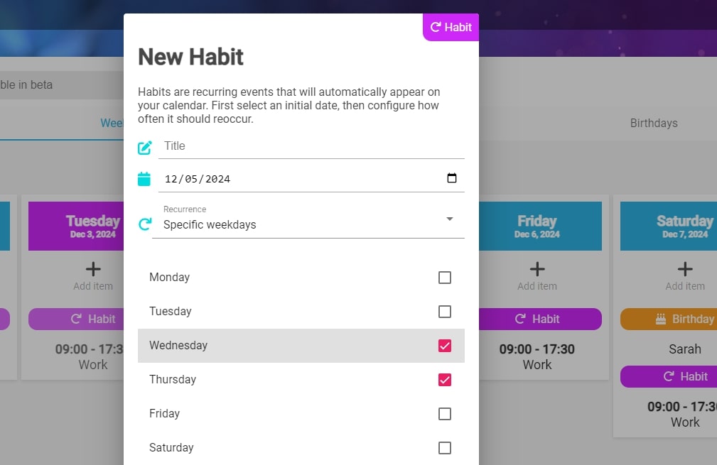 Habit configuration options in calendar