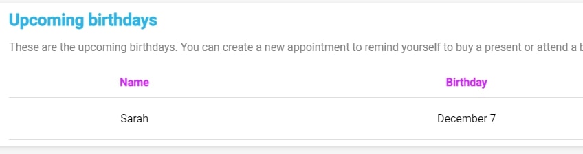 Birthday reminders on calendar